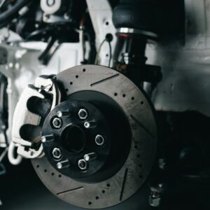 Close-up of a car's performance brake system.