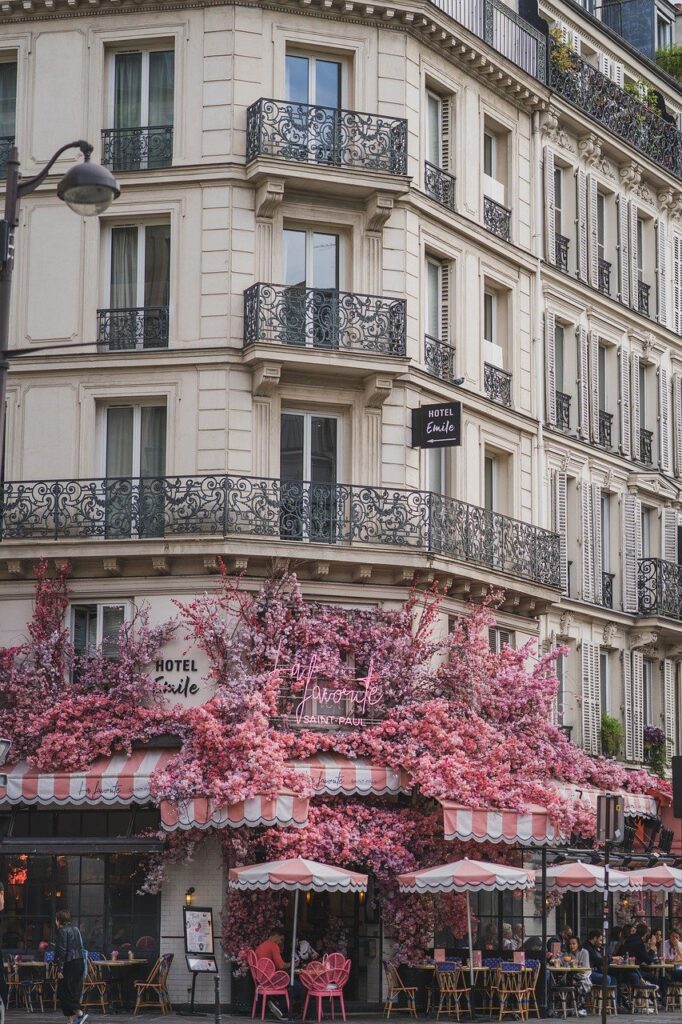 facade, building, architecture, balconies, outdoor, urban, house, city, coffee shop, cityscape, paris
