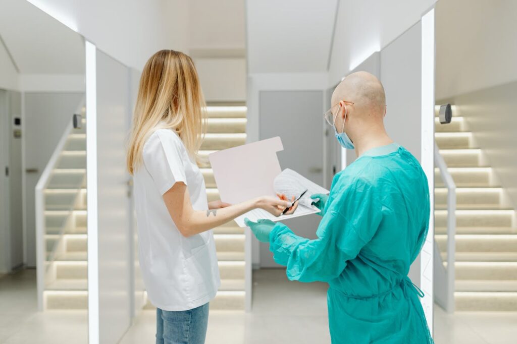 Doctors collaborating in a bright clinic, highlighting teamwork and healthcare.